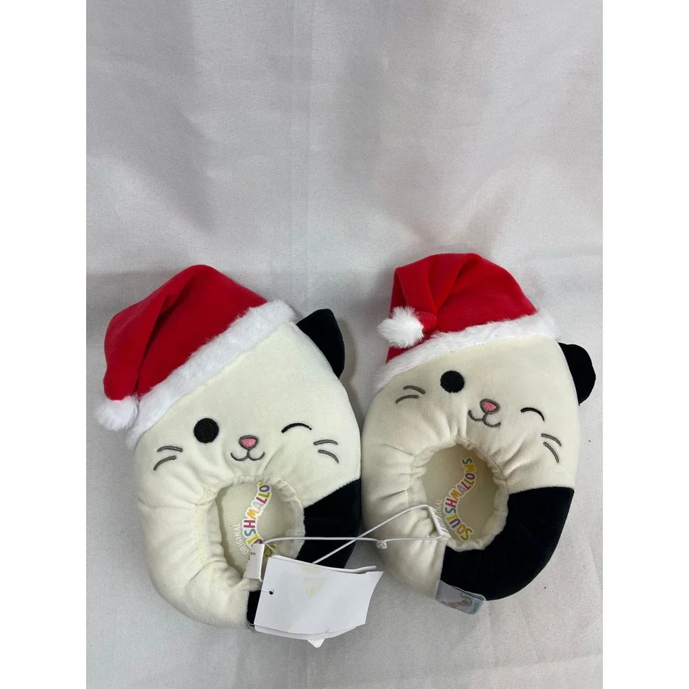 Squishmallows Kids Santa Hat Cat Slippers Off-White Holiday Plush Size 13/1‎ NEW